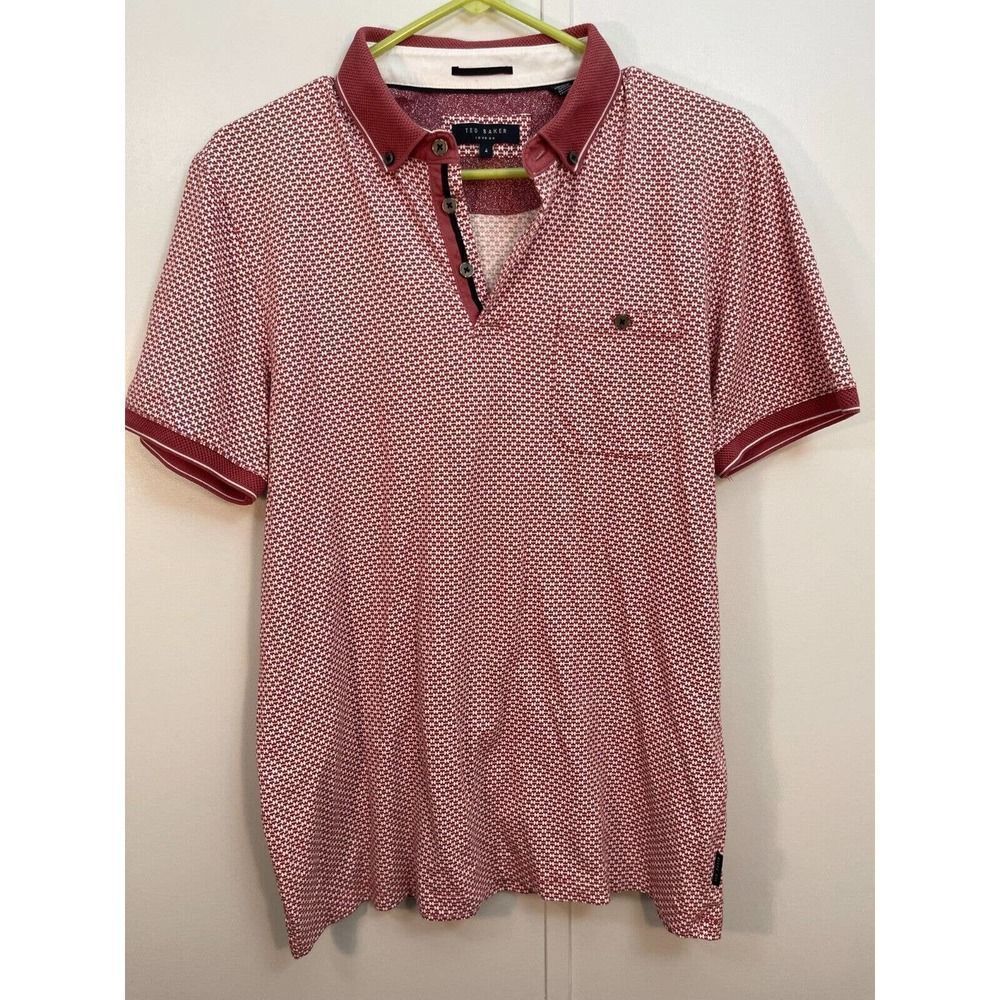 Ted Baker Mens Size 4 Short Sleeve Pocket Polo Red White Cotton Slim Fit